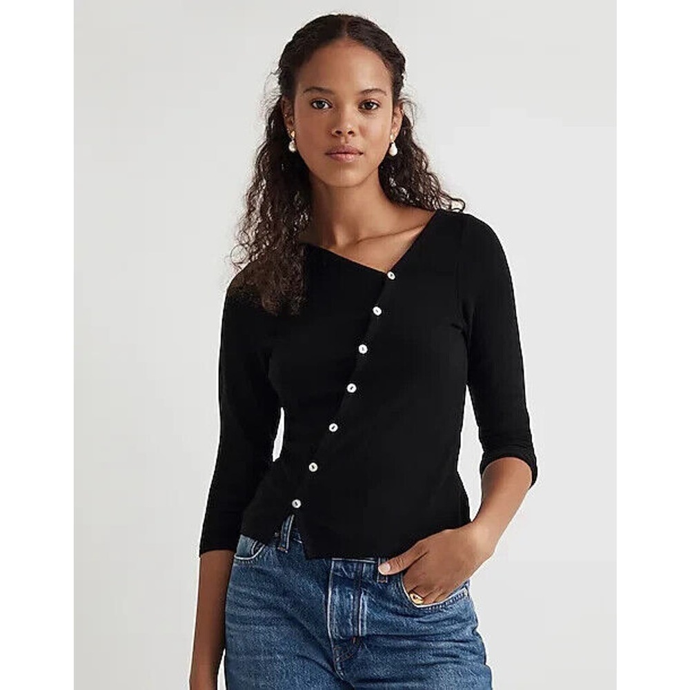 Madewell Cardigan Womens S Black Button Asymmetrical V Neck Viscose Ribbed